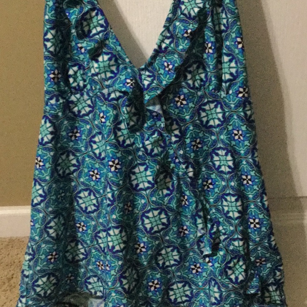 Turquoise and blue tankini top with ruffle detail